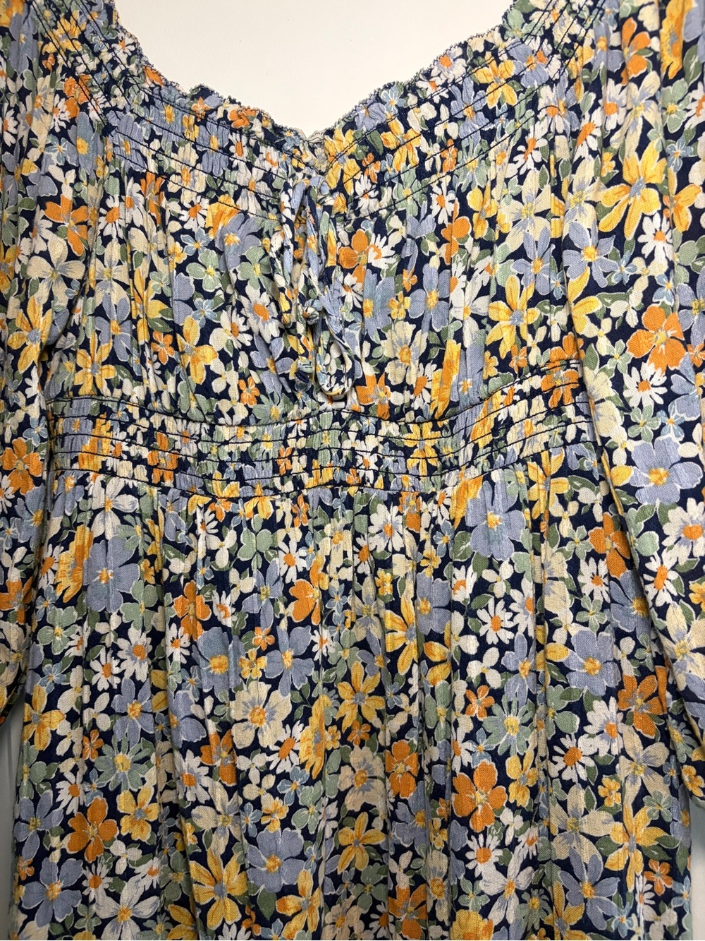 American Eagle Outfitters | Blue and Orange Floral Smocked Fall Mini Dress - Picture 3 of 9